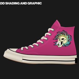 May include: A high-top magenta sneaker with white laces and a cream-colored sole. The shoe features a graphic of a skull with an eyeball and colorful flames. The text "STEP 2: ADD SHADING AND GRAPHIC" is at the top.