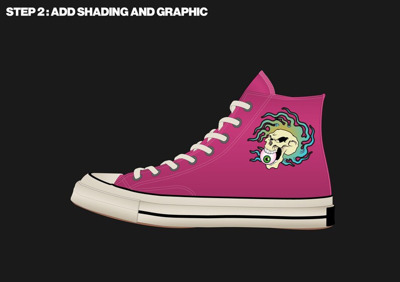 May include: A high-top magenta sneaker with white laces and a cream-colored sole. The shoe features a graphic of a skull with an eyeball and colorful flames. The text "STEP 2: ADD SHADING AND GRAPHIC" is at the top.