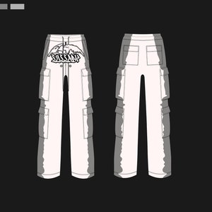 May include: White cargo pants with multiple pockets on the legs and back. The pants have a drawstring waist and a graphic design above the front pockets that reads "SUCCUBUS". The design is in black and white.