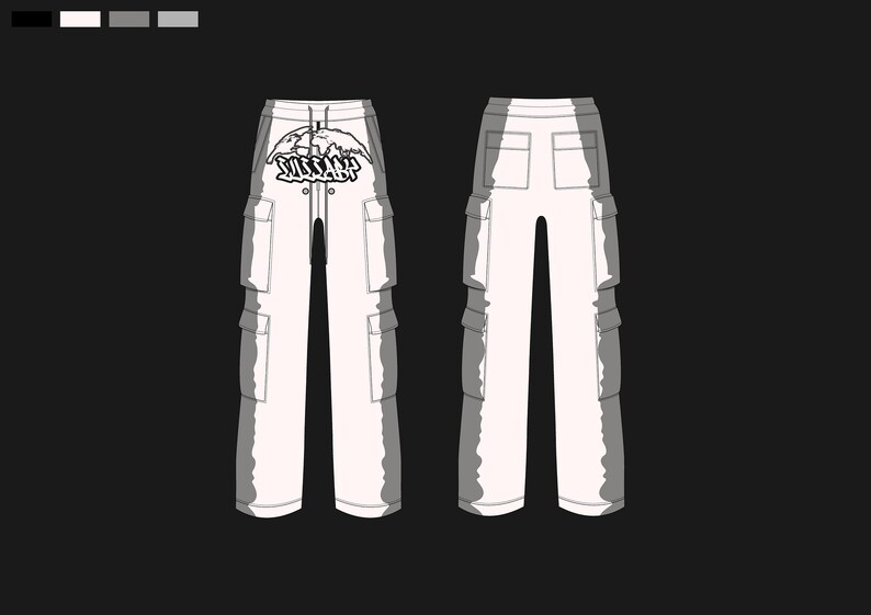 May include: White cargo pants with multiple pockets on the legs and back. The pants have a drawstring waist and a graphic design above the front pockets that reads "SUCCUBUS". The design is in black and white.