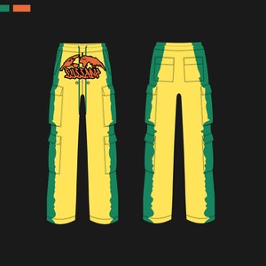 May include: Yellow cargo pants with green side panels and multiple pockets. The front features an orange and yellow graphic with the word "SUCKA". The pants have a drawstring waist and are shown from the front and back.