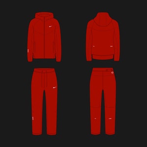 May include: A red hooded sweatshirt and matching sweatpants with white Nike swoosh logos. The sweatshirt has a zipper closure and the sweatpants have a drawstring waist.
