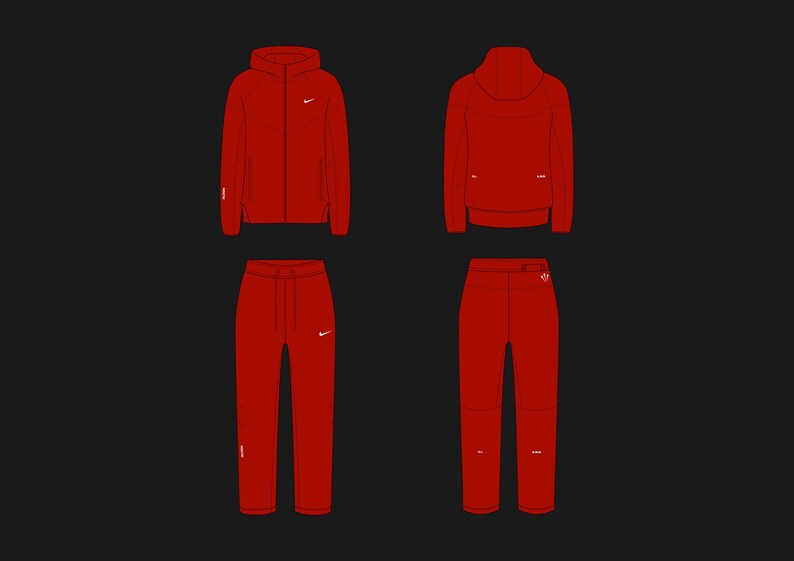 May include: A red hooded sweatshirt and matching sweatpants with white Nike swoosh logos. The sweatshirt has a zipper closure and the sweatpants have a drawstring waist.