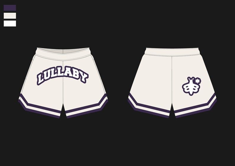 Puede incluir: Shorts de baloncesto blancos con ribetes morados. Los shorts tienen "LULLABY" impreso en la parte delantera y una abeja blanca con una estrella en la parte posterior.
