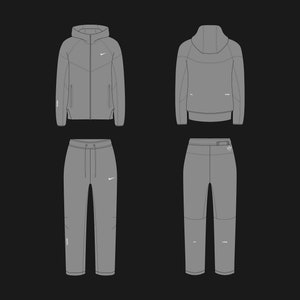 May include: A gray hooded jacket and matching sweatpants with white accents and a Nike swoosh logo. The jacket has a zipper closure and a drawstring hood. The sweatpants have an elastic waistband and a drawstring.