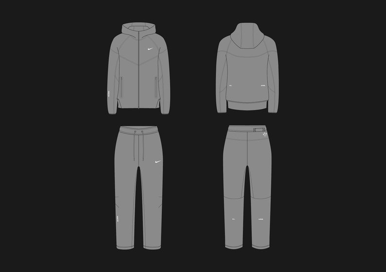 May include: A gray hooded jacket and matching sweatpants with white accents and a Nike swoosh logo. The jacket has a zipper closure and a drawstring hood. The sweatpants have an elastic waistband and a drawstring.