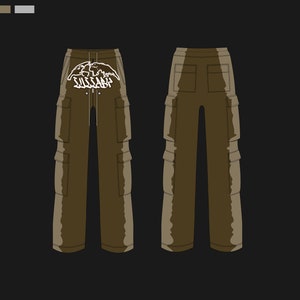 May include: Brown cargo pants with multiple pockets and a drawstring waist. The front features a white graphic and text. The design is shown from the front and back views. The pants are displayed on a black background.