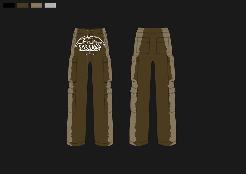 May include: Brown cargo pants with multiple pockets and a drawstring waist. The front features a white graphic and text. The design is shown from the front and back views. The pants are displayed on a black background.