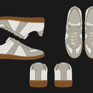 K&ouml;nnte beinhalten: Wei&szlig;e und graue Turnschuhe mit braunen Sohlen und Akzenten. Die Schuhe werden aus verschiedenen Blickwinkeln gezeigt, einschlie&szlig;lich Seiten-, Ober- und R&uuml;ckansichten. Das Design weist einen klassischen athletischen Stil auf.