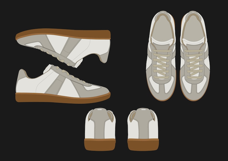 K&ouml;nnte beinhalten: Wei&szlig;e und graue Turnschuhe mit braunen Sohlen und Akzenten. Die Schuhe werden aus verschiedenen Blickwinkeln gezeigt, einschlie&szlig;lich Seiten-, Ober- und R&uuml;ckansichten. Das Design weist einen klassischen athletischen Stil auf.