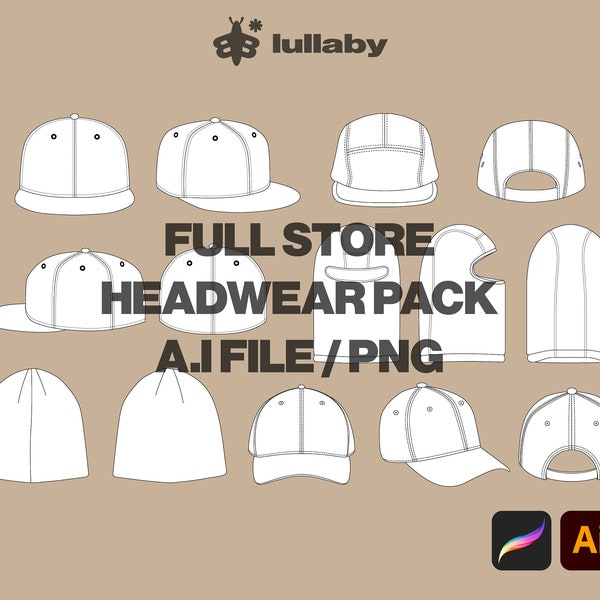 Full Streetwear Fitted Cap Template Beanie Vector Tech Pack Template Bundle Illustrator Template Procreate Mockup Clothing Design Flat draw