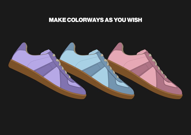 K&ouml;nnte beinhalten: Drei Turnschuhe in Lila, Hellblau und Rosa mit braunen Sohlen werden auf schwarzem Hintergrund gezeigt. Der Text "MAKE COLORWAYS AS YOU WISH" steht &uuml;ber den Schuhen. Die Schuhe haben ein klassisches Design.