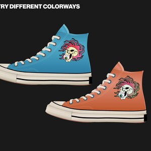 May include: Two high-top sneakers, one blue and one orange, each with a skull graphic. The shoes have white laces and soles, with black accents. The text "STEP 3: TRY DIFFERENT COLORWAYS" is at the top.