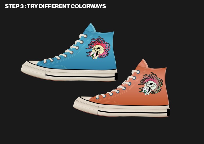 May include: Two high-top sneakers, one blue and one orange, each with a skull graphic. The shoes have white laces and soles, with black accents. The text "STEP 3: TRY DIFFERENT COLORWAYS" is at the top.