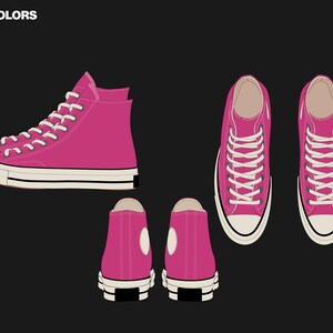 May include: Illustration of pink high-top sneakers with white laces and a cream-colored sole. The shoes are shown from multiple angles, including side, top, and rear views. The text "STEP 1: COLORS" is at the top.