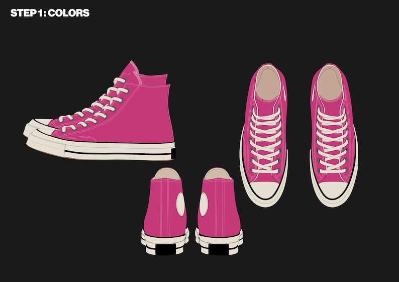 May include: Illustration of pink high-top sneakers with white laces and a cream-colored sole. The shoes are shown from multiple angles, including side, top, and rear views. The text "STEP 1: COLORS" is at the top.