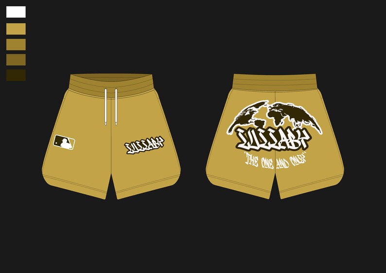 Puede incluir: Un par de pantalones cortos color caqui con un cord&oacute;n blanco. El short izquierdo tiene un logotipo de b&eacute;isbol y el texto "SUSSABY" en la pierna derecha. El short derecho tiene un gr&aacute;fico de mapa del mundo y el texto "SUSSABY THE ONE AND ONLY" en la parte posterior.