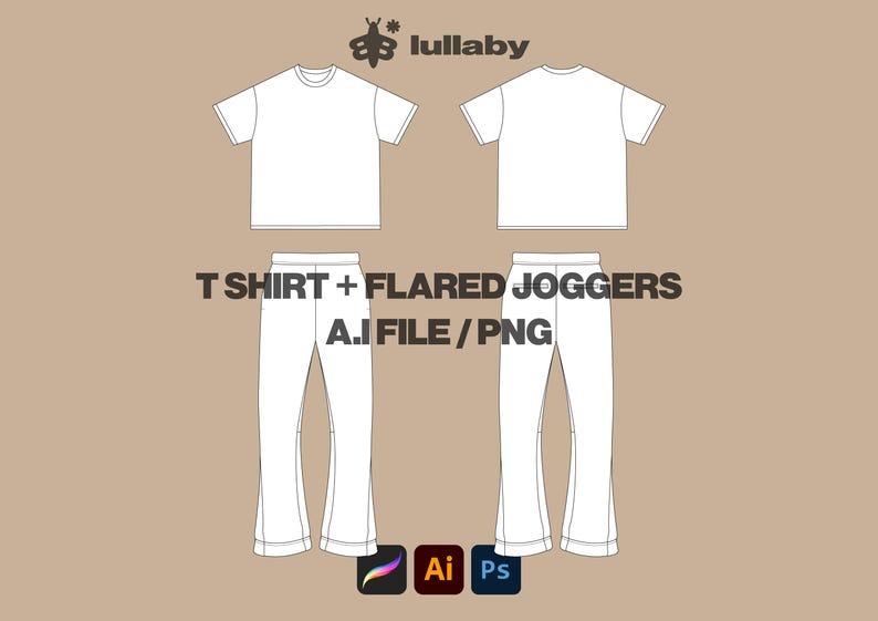 Streetwear Vector T shirt Template Flared Joggers Template Vector Tech Pack Illustrator Mockup Procreate Clothing Design Sketch Flat Drawing image 1