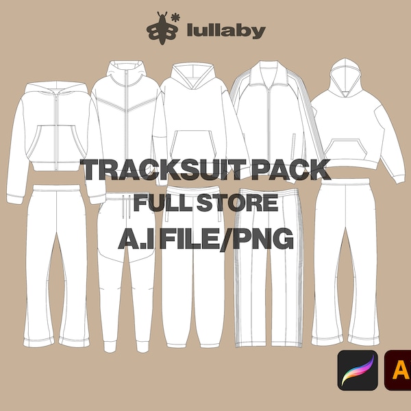 Tracksuit Mockup Pack Streetwear Vector Tech Pack Illustrator Template vector template Flared Sweatpants Hoodie Mockup Bundle Flat Drawings