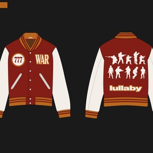 Peut inclure: Une veste de baseball rouge et blanche avec des rayures orange. Le devant de la veste a un cercle avec le nombre 777 et le mot "WAR". Le dos de la veste a le mot "lullaby" et une silhouette de soldats.
