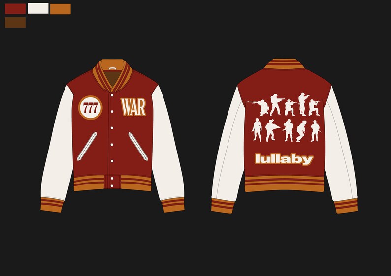 Peut inclure: Une veste de baseball rouge et blanche avec des rayures orange. Le devant de la veste a un cercle avec le nombre 777 et le mot "WAR". Le dos de la veste a le mot "lullaby" et une silhouette de soldats.