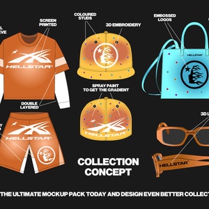 May include: A collection of clothing and accessories featuring the Hellstar logo. The collection includes a long-sleeve thermal shirt, shorts, a baseball cap, a tote bag, and sunglasses. The items are all orange and blue with white accents. The text "Hellstar" is featured on all of the items.