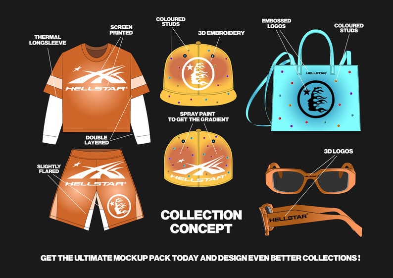 May include: A collection of clothing and accessories featuring the Hellstar logo. The collection includes a long-sleeve thermal shirt, shorts, a baseball cap, a tote bag, and sunglasses. The items are all orange and blue with white accents. The text "Hellstar" is featured on all of the items.