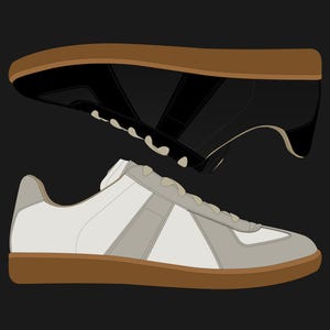 K&ouml;nnte beinhalten: Zwei Turnschuhe, einer schwarz und einer wei&szlig;, sind vor einem schwarzen Hintergrund abgebildet. Der wei&szlig;e Turnschuh hat graue und wei&szlig;e Akzente mit einer braunen Sohle. Der schwarze Turnschuh befindet sich &uuml;ber dem wei&szlig;en, ebenfalls mit einer braunen Sohle.