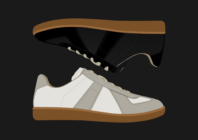 K&ouml;nnte beinhalten: Zwei Turnschuhe, einer schwarz und einer wei&szlig;, sind vor einem schwarzen Hintergrund abgebildet. Der wei&szlig;e Turnschuh hat graue und wei&szlig;e Akzente mit einer braunen Sohle. Der schwarze Turnschuh befindet sich &uuml;ber dem wei&szlig;en, ebenfalls mit einer braunen Sohle.