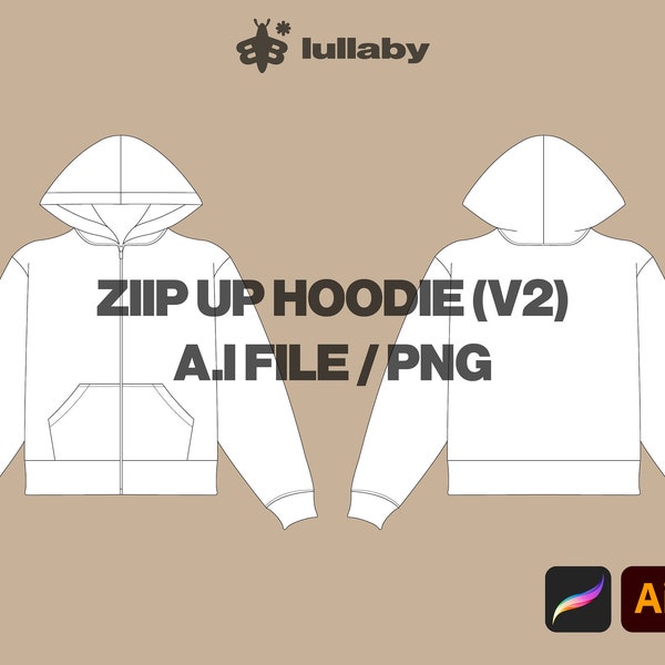 Streetwear Oversize Zip Up Hoodie Sweatshirt Mockup Vector Adobe Illustrator, Procreate, PNG, Clothing Template Sketch Tech Pack - Download