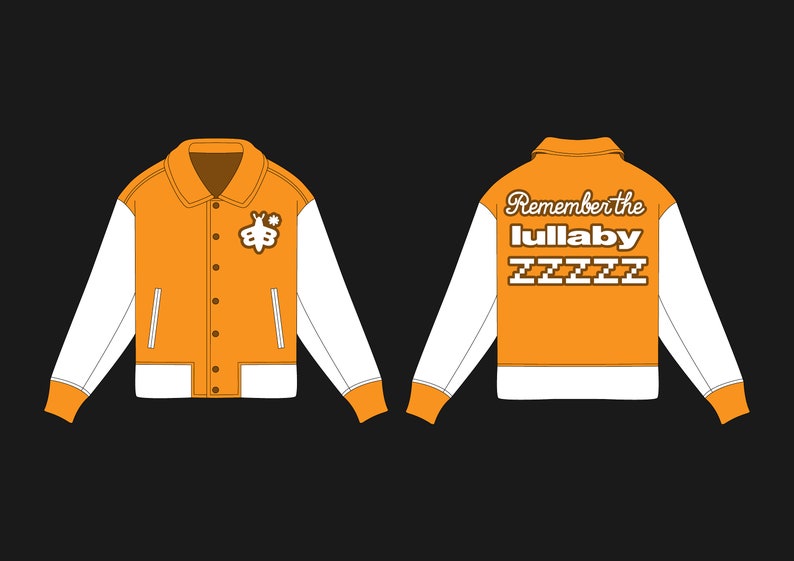 Peut inclure: Une veste de baseball jaune et blanche avec un motif d'abeille sur le c&ocirc;t&eacute; gauche et le texte "Remember the lullaby ZZZZZ" au dos.