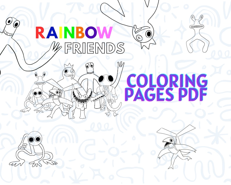 May include: Black and white colouring page featuring characters from the game Rainbow Friends. The title "Rainbow Friends Coloring Pages PDF" is at the top of the page.