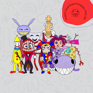 Pu&ograve; includere: Un'illustrazione digitale con un gruppo di personaggi stravaganti. I personaggi includono un clown, un giullare, una bambola, un pezzo degli scacchi e una creatura viola con denti affilati. Lo sfondo &egrave; grigio chiaro con forme simili a scarabocchi.