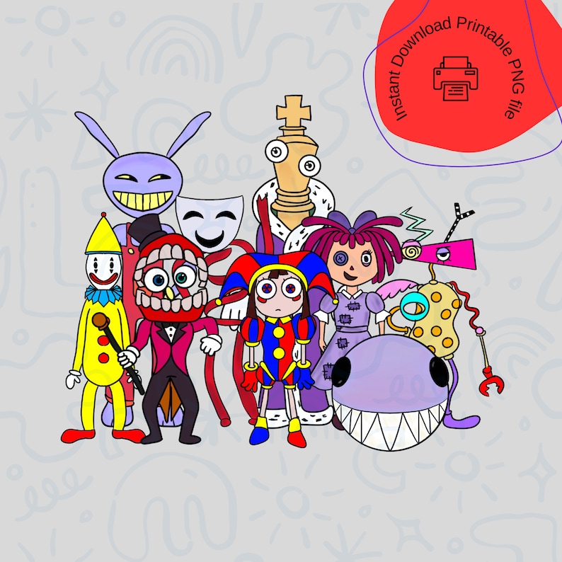 Pu&ograve; includere: Un'illustrazione digitale con un gruppo di personaggi stravaganti. I personaggi includono un clown, un giullare, una bambola, un pezzo degli scacchi e una creatura viola con denti affilati. Lo sfondo &egrave; grigio chiaro con forme simili a scarabocchi.