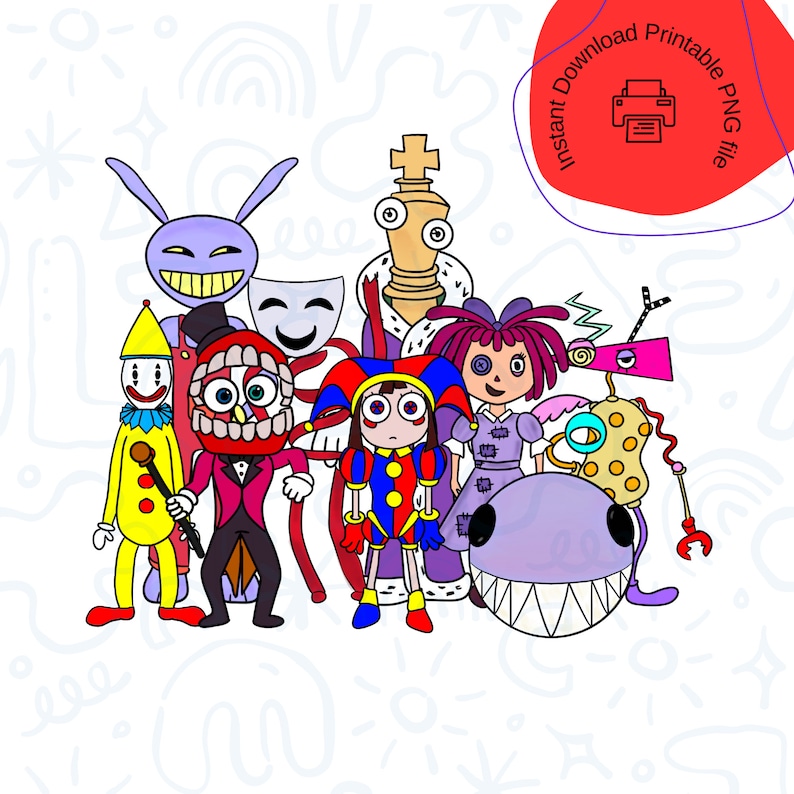 Pu&ograve; includere: Un'illustrazione stravagante con un gruppo di personaggi dei cartoni animati. I personaggi includono un clown, un giullare, una bambola, un pezzo degli scacchi e una creatura con una bocca grande. I personaggi sono delineati in nero con colori vivaci.