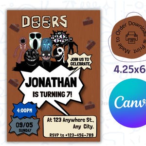 Doors Roblox Birthday Invitation (4.25x6in), digital party invitation Editable Canva Template