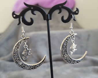Silver Witch in Moon Earrings. Silver-Plated.