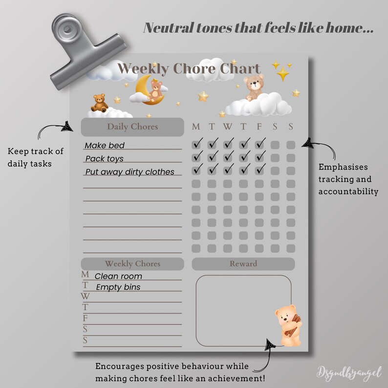 Teddy Bear Chore Chart Printable: Minimalist Kids Reward Tracker ...