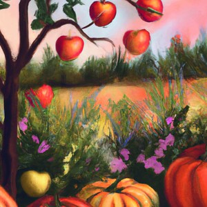 Puede incluir: Una pintura que representa una escena de cosecha de otoño con un árbol cargado de manzanas rojas, calabazas y flores silvestres.