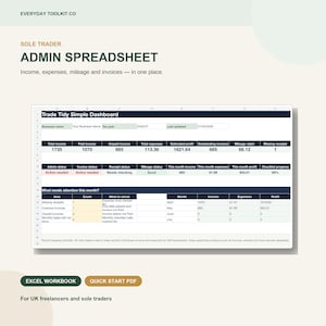 Kalkylblad för administration av enskilda näringsidkare i Storbritannien, fakturaspårning för inkomst, utgifter och körsträcka, digital nedladdning av Excel-arbetsbok