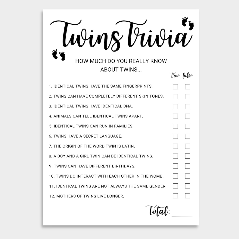 Twins Trivia True or False Baby Shower Game Fun Twin (Instant Download
