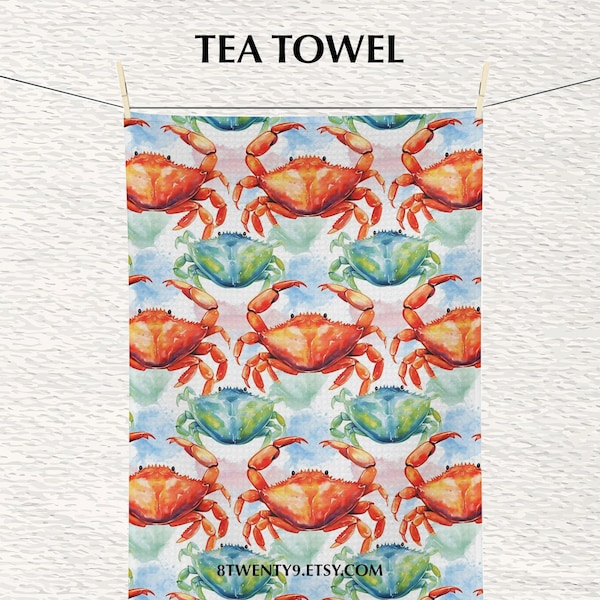 Watercolor Crab Tea Towel | Kitchen Towel | Dish Towel | Housewarming Gift