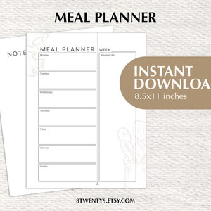 Weekly Meal Planner | 7 Day Meal Plan | Shopping List | Fillable PDF | Instant Download