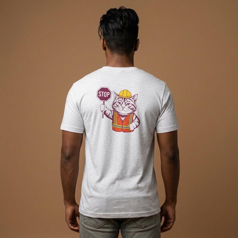 STOP! Cat Construction Worker T-Shirt | Funny Cat Tee image 1