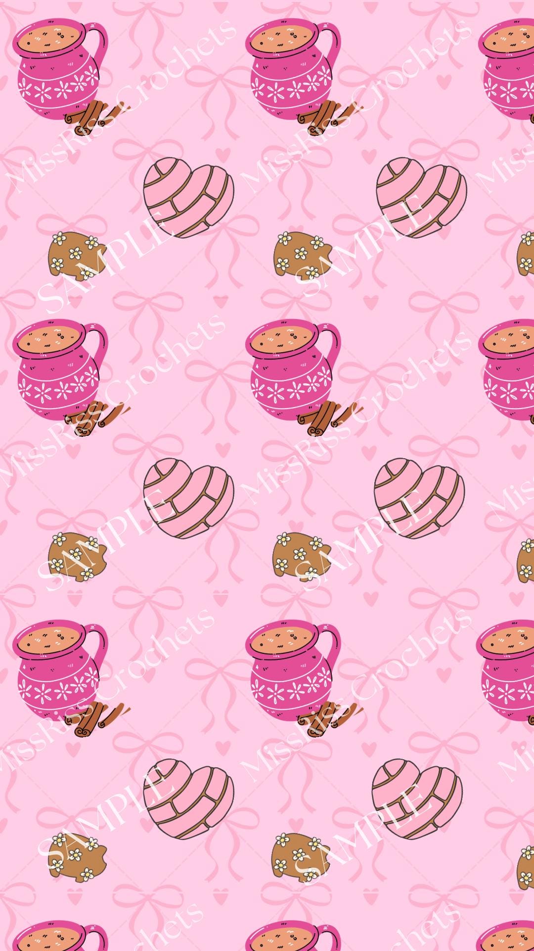 Cafecito Rosa Phone Wallpaper | Pink Bows & Pan Dulce Pattern | Cute ...