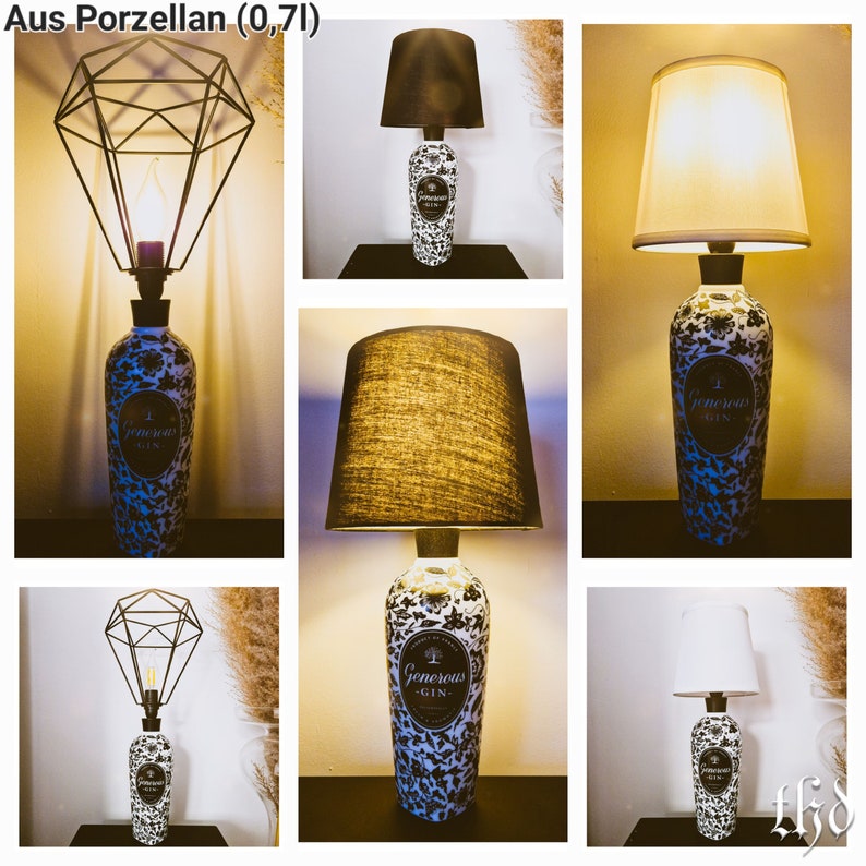 May include: Three table lamps with different lampshades. The lamps are made from repurposed gin bottles with a black and white floral design. The text on the bottles reads "Generous Gin".