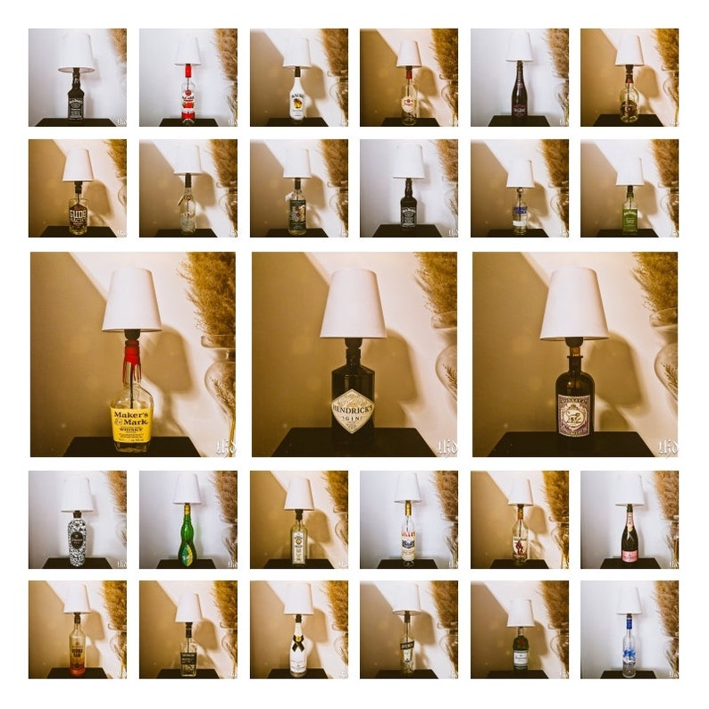 May include: A collage of 18 images showing various liquor bottles repurposed as table lamps with white lampshades. The bottles are filled with different types of alcohol, including gin, whiskey, and vodka.