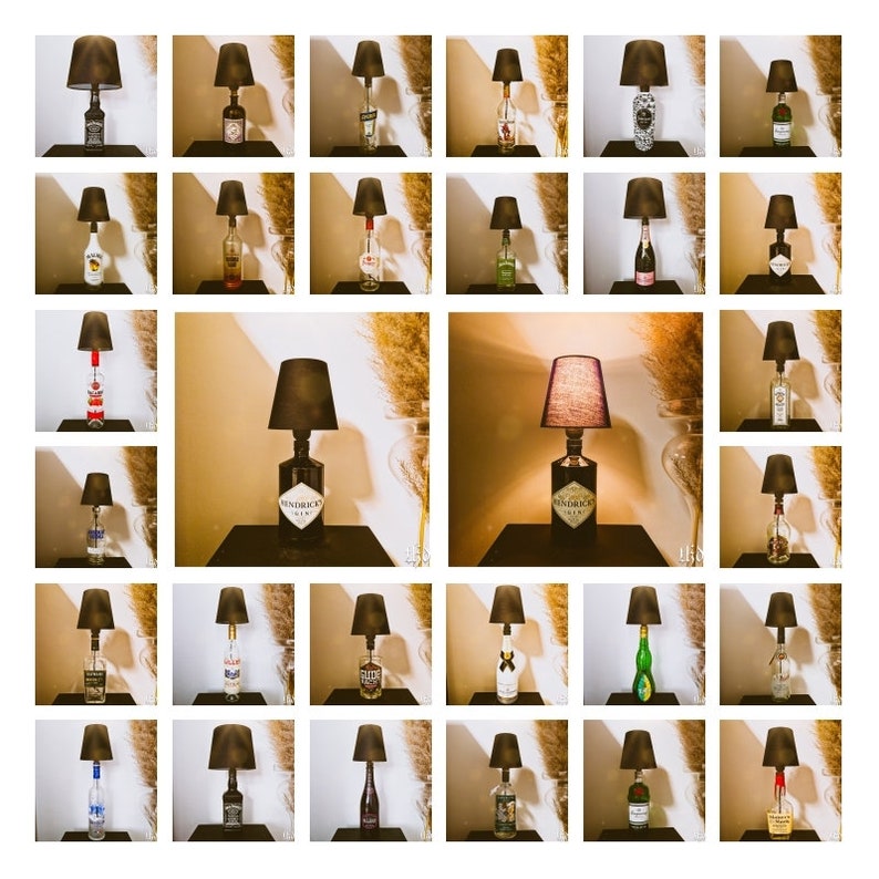 May include: A grid of 36 images showing various glass bottles with lampshades, each bottle is a different color and design. The bottles are used as table lamps.