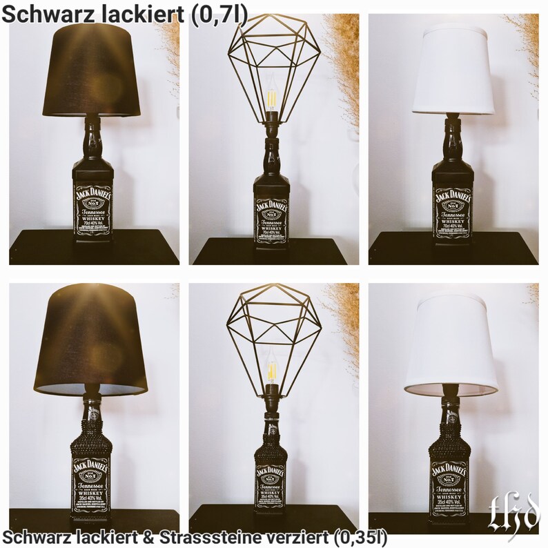 May include: Two Jack Daniel's whiskey bottles repurposed as table lamps. One lamp has a black lampshade and the other has a white lampshade. Both lamps have a geometric wire cage shade. The text "Schwarz lackiert (0,71)" appears at the top of the image. The text "Schwarz lackiert & Strasssteine verziert (0,351)" appears at the bottom of the image.