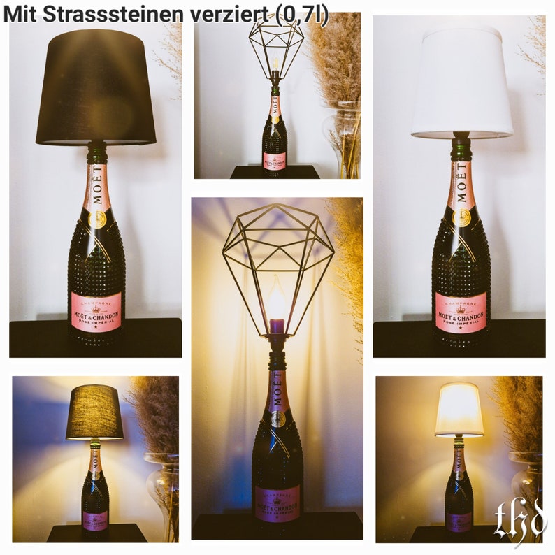 May include: Three champagne bottle lamps with different lampshades. The lamps are decorated with rhinestones. The lampshades are black, white, and cream. The text on the bottles reads "Moet & Chandon".